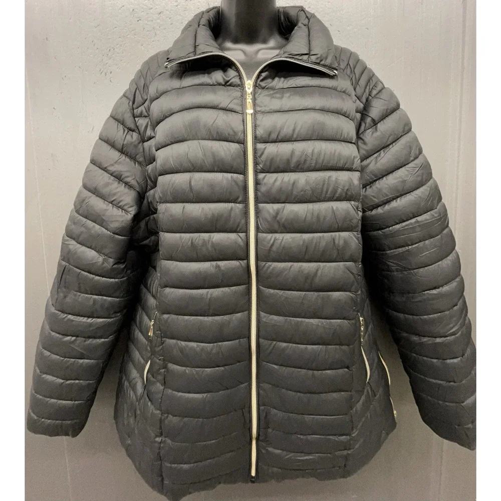 Women Puffer Jacket 2XL Black Gold Silver Zip Pockets Outdoor Winter Travel Coat
